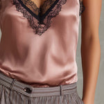 Retro Contrast Lace Neck Polyester Satin Tank Top