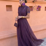 Katerina | Aubergine high-neck maxi dress with puff sleeves