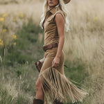 Retro Western-style Light Brown Sleeveless Tassel Midi Dress