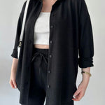 Simple Casual Two-Piece Set Lapel-Neck Shirt+Wide-leg Pants