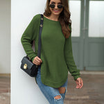 Nadorine Crew Neck Long Sleeve Slit Pullover Knit Sweater