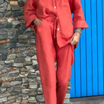 Casual Solid Color V-Neck Shirt & Pants Cotton Linen Two-Piece Set