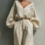 Women's Beige Linen V-neck Loose-fitting Top And Wide-leg Pants Set