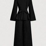 Long Sleeves Solid Color Split-Joint Tied Waist V-Neck Blouses&Shirts Tops