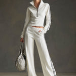 Sporty Retro Striped Webbing White Long-Sleeve Sweatshirt And Wide-Leg Pants Set