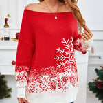 Snowflake Print Off-Shoulder Long Sleeve Sweater