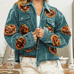 Halloween Pumpkin Sequined Distressed Corduroy Jacket