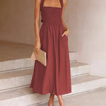 Elastic Waist Cross Straps Solid Casual Dress Sleeveless A-Line Summer Maxi Dress