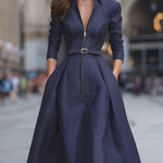 A-Line High Waisted Belted Pleated Pockets Zipper Lapel Midi Dresses