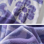 Vintage Floral Pattern Stitching Knit Sweater Casual Loose Round Neck Unisex Sweater