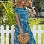Polka Dot Midi Modest Summer Dress for Women High Waist Short Sleeve with Belt