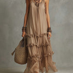 Boho Vintage Taupe Ruffle Tiered Maxi Dress