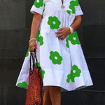 A-Line Loose Flower Print Pleated Split-Joint Round-Neck Midi Dresses