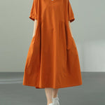 Summer Short Sleeve V-Neck Solid Cotton Casual Dress with Pockets