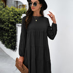 Long Puff Sleeve Shirt Dress Casual Crewneck Loose Fit Sundress Trendy Tiered Layer Summer Mini Dresses