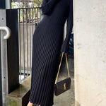 Long Sleeve Dress Crew-Neck Knit Maxi Dress Ribbed Elegant Long High Waist Pleated Dresses