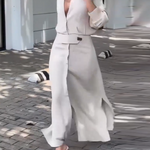 Long Sleeves Loose Split-Joint Split-Side V-Neck Maxi Dresses Shirt Dress