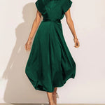 Satin Midi Dress Cap Sleeve Tie Waist Elegant A-Line Flowy Dresses