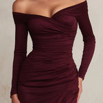 Burgundy Off-Shoulder Ruched Midi Dress