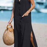 Cotton and linen sleeveless solid color single-breasted loose V-neck dress