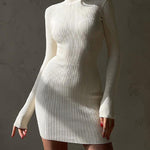 High Collar Short-length Pitted Knitted Dresses Women's Solid Color Knitted Dress