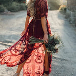 Floral Lace Maxi Dress V Neck Short Sleeve Boho Wedding Bridesmaid Evening Party Beach Slit Flowy Long Dresses