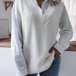 V-neck Knit Sweater Vest Loose Fit Casual Vintage Classic Sleeveless Crop Sweater Tops