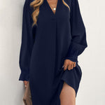 Notch Neck Solid Tunic Dress V-Neck Puff Sleeve Mini Tunic Dress