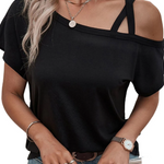 Black Asymmetric Criss Cross Cold Shoulder T Shirt