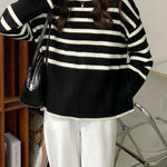 Round Neck Striped Sweater Top Loose Side Slit Pullover Sweater