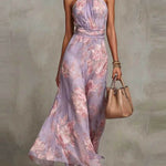 Green Floral Chiffon Halter Maxi Dress