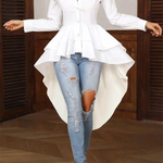 High-Low Long Sleeves Buttoned Falbala Solid Color Lapel Collar Blouses&Shirts Tops