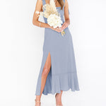 Tie-straps Ruffled Square Collar Sleeveless Slit Mid-length Dress