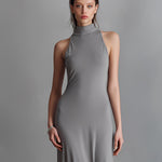 Women's Gray Stretch-Knit Dress With Halter Turtleneck & Side Slit, Timeless Sleek-Elegant Style Dress