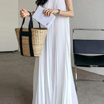 Loose Pleated Solid Color Stand Collar Maxi Dresses