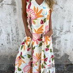 Botanical Print V-Neck Pocket Loose Casual Maxi Dress