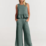 Nadorine 2 Piece Outfits Sleeveless Ruffle Tank Crop Top and Wide Leg Pants Lounge Set with Pockets