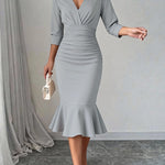Bodycon Elasticated Waist Interlace Solid Color Split-Joint Split-Side Deep V-Neck Midi Dresses