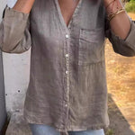 Linen Blend Solid Color V-neck Casual Pocket Shirt