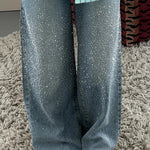 Fashionable Rhinestone Mid-rise Loose Pocket Straight Jeans