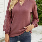 Waffle Grace Stitching Long Sleeve V-Neck T-Shirt Top Women