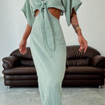 Lace-up Exposed Waist Cotton and Linen Dress