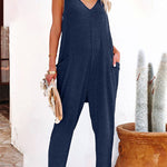 One word pleated pure color fashion jumpsuit