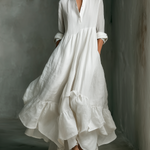 Women's White Long-sleeved Ruffled Maxi Dress