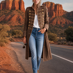Vintage Washed Denim Military Officer Longline Gold-Button Fitted Statement Coat Women