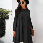 Long Puff Sleeve Shirt Dress Casual Crewneck Loose Fit Sundress Trendy Tiered Layer Summer Mini Dresses