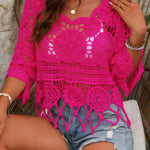 Bohemian Openwork Fan-shaped Trim Three-quarter Sleeve Cover-up Top