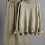 Urban Long Sleeves Solid Color Half Turtleneck Sweater Tops & Wide Leg Pants Two Pieces Set