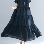 Vintage Loose Split-Joint Pleated Short Sleeves Round-Neck Midi Dress