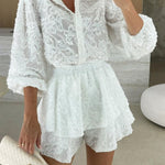 Unique Lace Texture Fabric Balloon Sleeve Blouse and Elastic Waist Layered Skirt Set